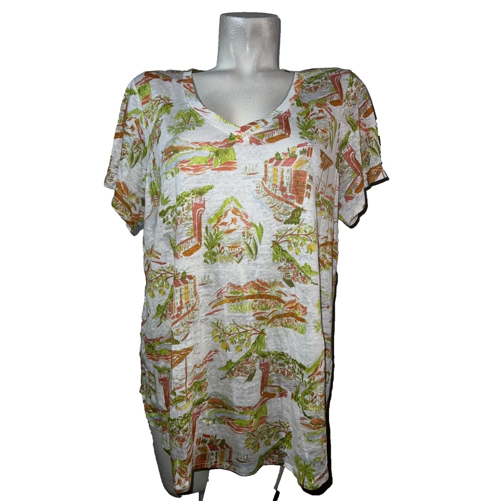 Cynthia Rowley Womens 1X Linen V-Neck T-Shirt Scenic Mediterranean Coastal Print